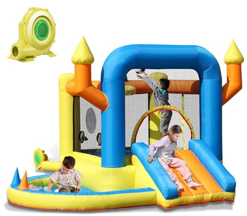 Castillo Hinchable Inflable con Soplador, Castillo Inflable para Niños 3 a 10 años con Tobogán y Área de Salto, para Interior y Exterior, 285 x 250 x 187 cm