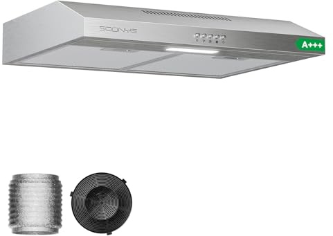 Soonye Hotte Aspirante 60cm Classe A+++, Hotte Cuisine,220 m³/h,Moteur sans balais,Évacuation ou Recyclage,Filtre au Charbon Inclus,Hotte Casquette,Inox