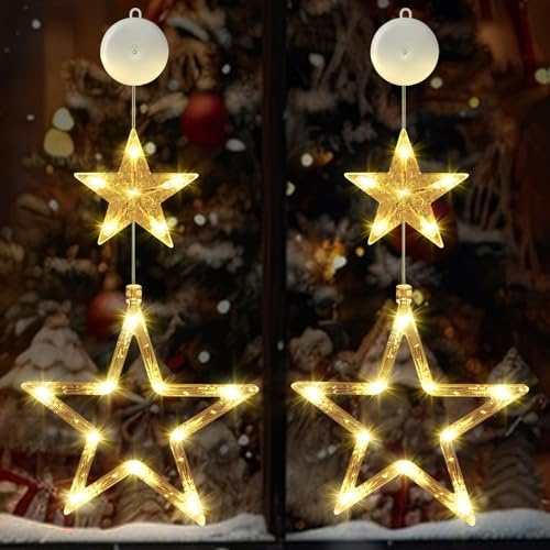 CNMTCCO LED-stjärnor, julbelysning, 2 stycken fönster juldekoration inomhus – batteridriven med timer och 2 lägen, varma vita sugkoppar, ljusgardin för jul, fest, balkong och bröllop