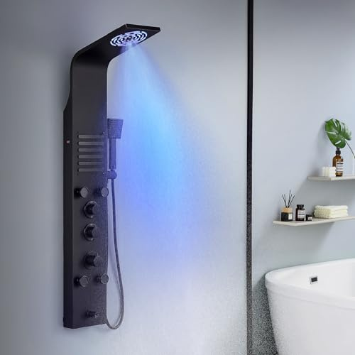 KINKIBOS Duschpaneel mit Thermostat,Nebeldusche & Massagedüsen Schwarz Matt