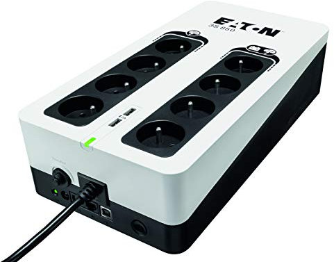 Eaton Onduleur Parafoudre 3S 850 FR - Off-line UPS - Alimentation Sans Interruption - Puissance 850VA (8 prises FR, Silencieux, 2 ports de charge USB Type-A) - Interface USB - Noir&Blanc