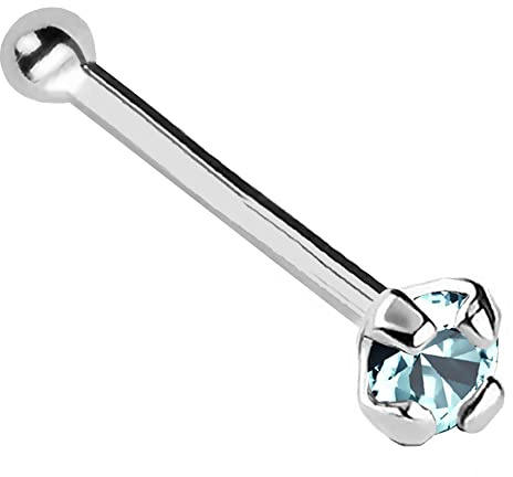 Jewelry Avalanche 22G Solid 14Kt Gold Nose Bone Stud with Prong Set real Aquamarine Gemstone, 14kt Yellow Gold or 14kt White Gold - March Birthstone Nose Ring-NBWG_AQM-1.5MM