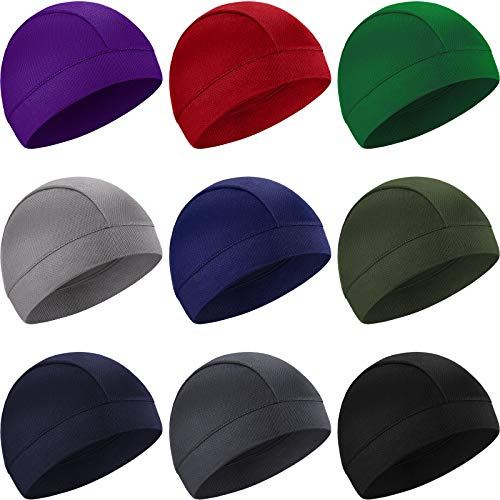 SATINIOR 9 Pieces Cooling Skull Caps Helmet Liner Sweat Beanie Cap Wicking Cycling Running Hat for Men and Women Sports(Dark Colors)