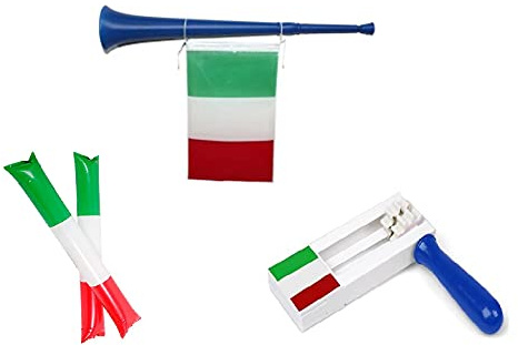 Zeus Party Kit Tifoso Italia - Trombetta da Stadio 37cm con Bandierina 2 Palloni Gonfiabili Battola Girevole Rumorosa