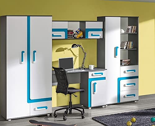 Marmex Kinderzimmer Set Appetito Bis 3, im Set: Kleiderschrank 01, Schmales Bücherregal 04, Schreibtisch 09, Wandregal 10 (Korpus: anthrazit + Front: weiß + Einsatz:Türkis)
