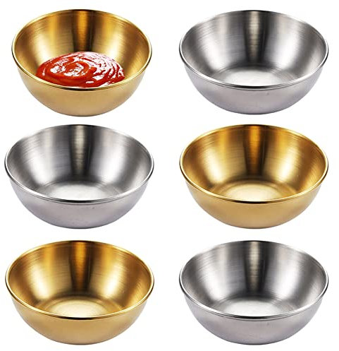 TTBDDM 6 Morceaux Petits Bol Service, Bol Trempette, Petit Bols à Sauce, Petits Bol en Métal, Coupelles Sauce Rondes, pour Tremper Sauces, Snacks, épices (3 Or et 3 Argent)