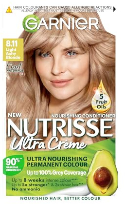 Garnier Nutrisse Ultra Crème Permanent Hair Dye, 8.11 Light Ashy Blonde | Up to 100% Grey Coverage, Rich Long-Lasting 8-Week Colour, 5x Stonger Hair, 2x Shiner Hair, No-Ammonia, Vegan Formula