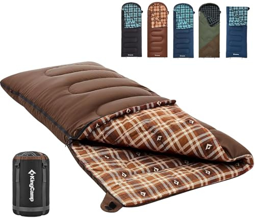 KingCamp Sleeping Bag for Adults, Cold Weather & Warm XL Big and Tall Flannel Sleeping Bags with Compression Sack Portable Waterproof Essentials Gear Accessories for Outdoor Camping (Coffee Left)