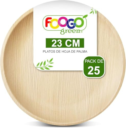 FOOGO Grön 25 engångstallrikar 23 cm (9 tum), stora runda, miljövänliga, biologiskt nedbrytbara komposterbara tallrikar, som träplattor, bambupallrikar, papperstallrikar, för varm mat picknick