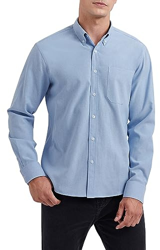 HISDERN Chemise Oxford Homme Manches Longues Chemise Décontractée Coton Chemises Hommes Couleur Unie Business Casual Bouton Shirts avec Poche Regular Fit