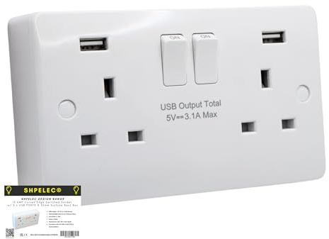 SHPELEC ® Premium Curved Edge White Electrical Sockets Range - Convenient and Versatile Power Solution (2G Socket with USB Ports (Type-A) + Back Box, 1 Pack)