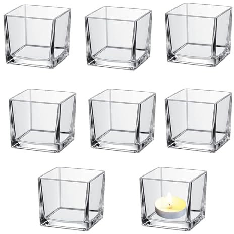 Teelichthalter Set 8 Stück Kerzenhalter Glas, Teelichtgläser 5.2cm Kerzenglas für Hochzeiten, Geburtstage, Kürbislaternen, Quadratische Transparente Kleine Glaskerzenhalter, Kerzenglas