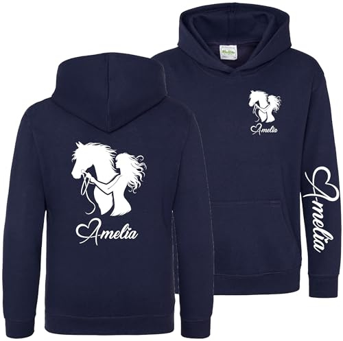 Personalised Equestrian Girls Hoodie Horse Rider Horses Riding Custom Sleeve Back Print Kids Hooded Top, 9-11 Years, Navy