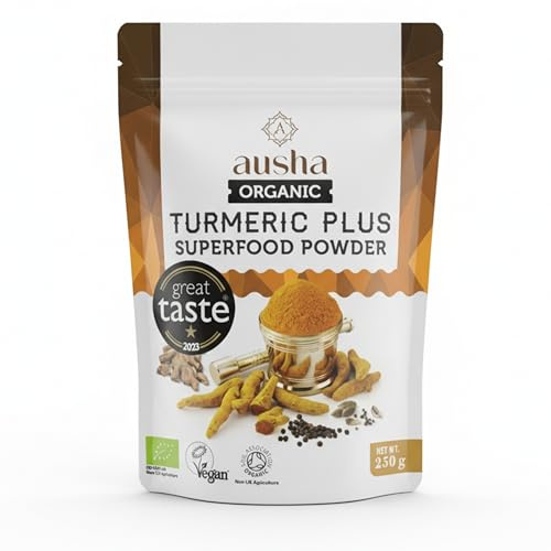 Ausha Organic Turmeric Powder with Black Pepper and Ginger, Cardamom 250g | UK Certified Organic by Soil Association - Use in Cooking, Tumeric Shot, Latte, Smoothies