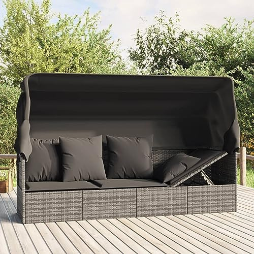 IKAYAA Divanetto da Esterno con Tetto in Rattan e Acciaio Divano 2-3 Posti per Arredo Giardino, Terrazzo e Piscina-Grigio-con Tetto