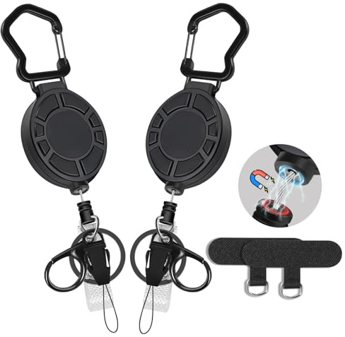 2 Stück Magnetische Schlüsselanhänger Ausziehbar, Heavy Duty Einziehbarer Ausweishalter mit 31,8 Zoll Stahlseil, Ausziehbares Schlüsselband mit 2 Handykette Pads für Schlüssel ID Card Holder Handy