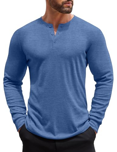 COOFANDY Camiseta Henley de Manga Larga para Hombres Camiseta Casual de Manga Larga básica de Color sólido con Solapa de Botones Azul M