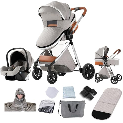 Reenborn Carrito Bebe 3 en 1, Carro Bebe con Diseño Plegable con Un Solo Clic, Cochecito con Dos Modos de Empuje Reversibles, Carricoche 3 Piezas con Marco de Aluminio (YV9 Light Grey)