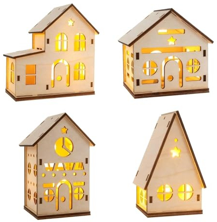 Aitsite 4 Piezas Pueblo Navideño Madera Con LED Luz, Casa De Navidad Pueblo Navideño, Navidad Decoración Casa Interior,Adornos Navideños Hogar Casitas Navideña,Casa De Navidad Luminosa Aldeia De Natal
