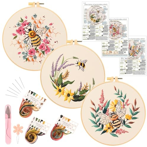 JSRQT 3 Pièces Kit de Démarrage Broderie pour Débutants, Kit de Point de Croix Estampé pour Adultes Débutants avec Motif Abeille Fleur, Set de Broderie Fait Main avec Instructions, Aiguille et Fils