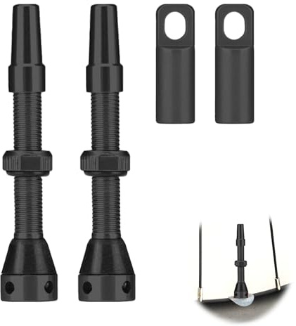 2 Piezas Válvula para Tubeless, Válvulas sin Cámara Kit Tubeless Vástagos de Válvula Vástagos de Aleación Ligera con Tapas de Repuesto Adicionales para Bicicleta de Carretera & MTB 44 mm Negro