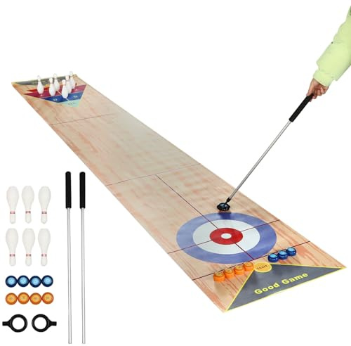 Juego de curling 3 en 1, juego de mesa con 8 tablas de tejar + 6 botellas de bolos + combi de curling + 2 putters plegables para curling mesa para niños y adultos