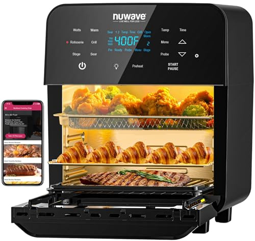Nuwave Brio 15.5Qt Air Fryer Rotisserie Oven, X-Large Family Size, Powerful 1800W, 4 Rack Positions, 50°-425°F Temp Controls, 100 Presets & 50 Memory, Integrated Smart Thermometer, Linear T Technology