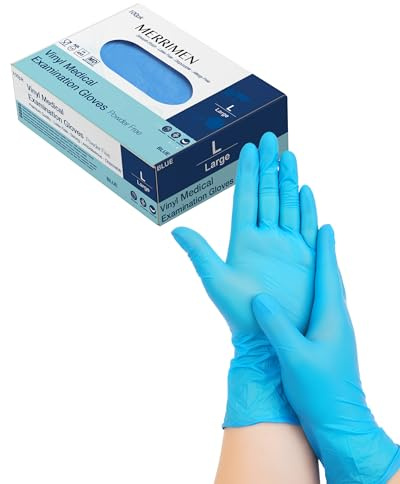 Merrimen Vinyl Disposable Gloves - Powder & Latex Free, Durable Synthetic Rubber, Single Use Protective Gloves for Healthcare, Food Handling & Cleaning - Large (Pack of 100)
