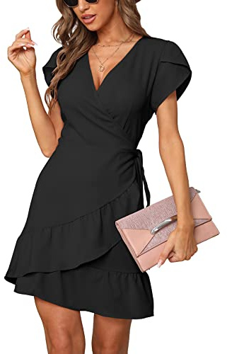 Sampeel Wrap Dress for Women V Neck Ruffle Short Sleeve Tie Waist Dress Black M