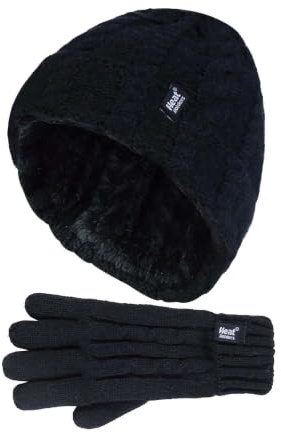 HEAT HOLDERS - Kids Girls Cute Cable Knitted Warm Fleece Lined Winter Beanie Hat and Gloves Set (7-10 Years, BS3P14)