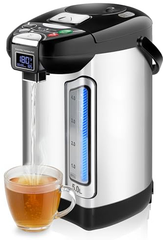 NutriChef Digital Water Boiler and Warmer - 5L/5.28 Qt Stainless Electric Hot Water Dispenser w/LCD Display, Rotating Base, Keep Warm, Auto Shut Off, Safety Lock, Instant Heating for Coffee & Tea