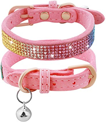 TIESOME Collier réglable en cuir avec strass et clochettes - Cristaux colorés pour chaton - Collier réglable pour animal domestique de petite taille, chat, chaton, chiot - Tour de cou de 17,8 à 27,9