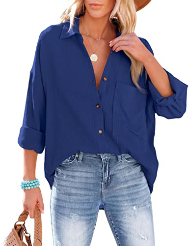 NONSAR Damblus, ledig skjorta med V-ringning, 100 % bomull, lös passform, solid, tjock topp, elegant med ficka