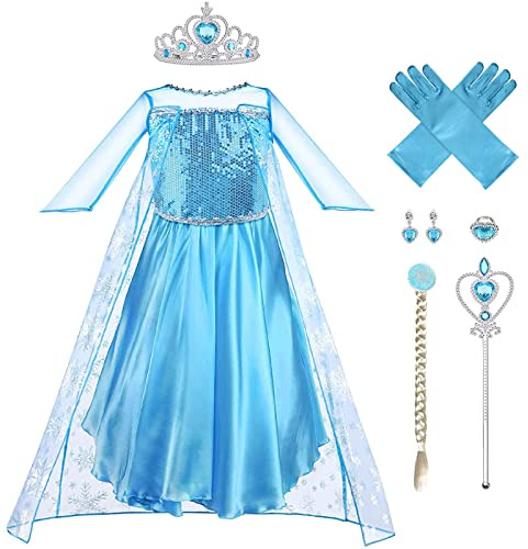 Vicloon Robe Princesse Elsa,5pcs Robe de Princesse Reine des Neiges pour Cosplay Mariage Carnaval Fête d'anniversaire - avec Accessoires de Baguette Magique Princesse Couronne(120)