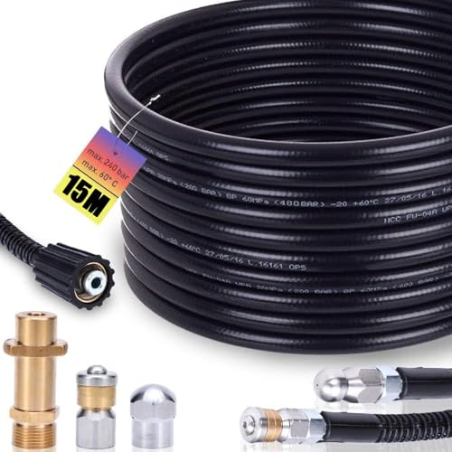 Rörrengöringsslang set 15 m, 240 bar inklusive M22-adapter, munstycken styva och roterande för K2, K3, K4, K5, K6, K7 högtryckstvätt universell rörrengöringssats, högtrycksslang
