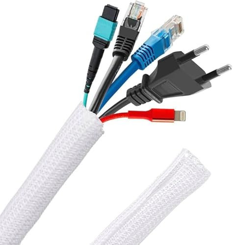 Oulesvte 3m Manchon de Câble Gaine Cable, Réglable Diamètre 13 mm, Souple Gestion des Câbles Tressée, Protection du Cache-câbles pour Chiens, Antipoussière, pour voiture, téléviseur(Blanc)