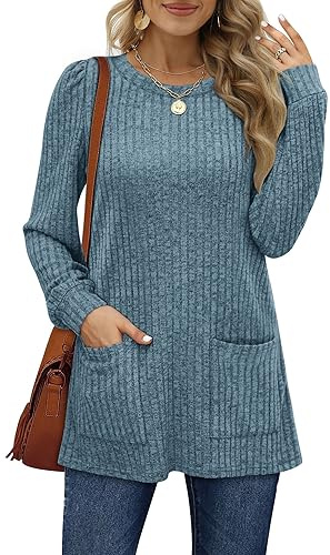 Aokosor Long Sleeve Tops Women Lightweight Jumpers Ladies Sweatshirts with Pockets Blue Size 10-12