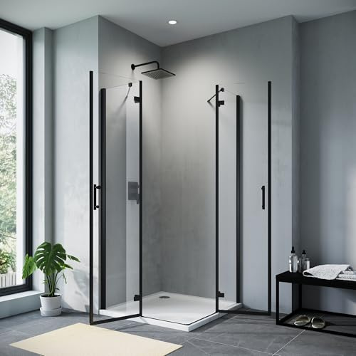 Sonni Cabine de douche d'angle 90 x 90 cm 6 mm en verre Nano Esg Douche noire 195 cm de hauteur avec portes battantes, porte à charnière, paroi de douche, sans cadre