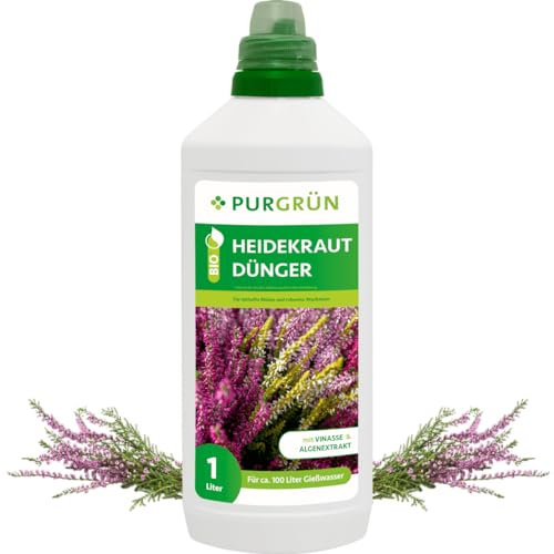 Purgrün® Bio-Heidekraut-Dünger 1 Liter – Organische Rezeptur – Premium-Flüssigdünger – NPK 4+1+7 – Mit Algenextrakt & Vinasse – Extra Kalium für farbintensive Blüten – Ohne tierische Inhaltsstoffe