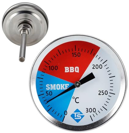 Thermomètre de Barbecue en Acier Inoxydable de 52 mm - Jusqu'à 300 °C - avec Manche Extra Long de 75 mm - Affichage de la température - pour Barbecue, pâtisserie, fumoir, Four et fumoir