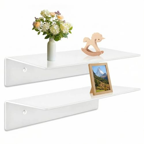 QWORK® Juego de 2 Estantes Flotantes Acrílicos Blancos de 30x15 cm - Ideal para Plantas, Marcos de Fotos, Cosméticos y Más