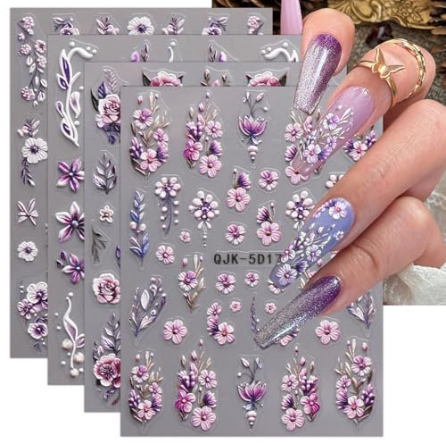 JMEOWIO 3D Fiori Adesivi Unghie Nail Art, Stickers Unghie Autoadesivi 5D Decorazioni Unghie Nail Art Disegni 4 Fogli