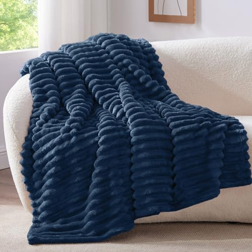 BEDELITE Fluffy Fleece Throw Blanket, Striped Decorative Soft Warm Gift for Sofa Bed Couch, Throw Size, Navy Blue