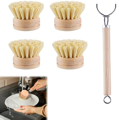 5PCS Wooden Washing Up Brushes Natural Wood Handle with 4 Replacement Heads Wooden Dish Brushes for Deep Cleaning Bamboo Dish Brush Eco Friendly and Easy to Grip for Scrubbing Pans and Plates