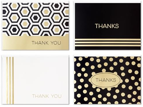 Hallmark Confezione da 40 biglietti di ringraziamento in 4 fantasie, confezione multipla, lamina d'oro, nero, bianco