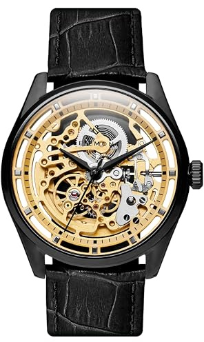 Seizmont Trendhim - Reloj esqueleto automático para hombre, caja de acero inoxidable 316L negra y esfera dorada con correa de cuero negro, cristal de zafiro y resistente al agua hasta 5 ATM, diseño