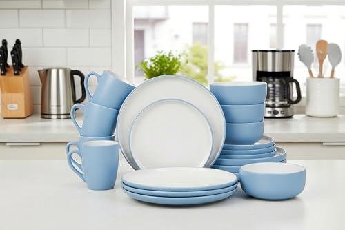 16pc Waterside Blue & White Coupe Stoneware Dinner Set; 4 Dinner Plates, 4 Side Plates, 4 Deep Bowls & 4 Mugs - Dishwasher & Microwave Safe