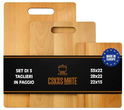 COOKERS MATE Set di 3 Taglieri in Legno di Faggio, Taglieri da Cucina con Manico, Set aperitivo, Cutting board wood, Made in Europe, 33x22/28x22/22x15 cm