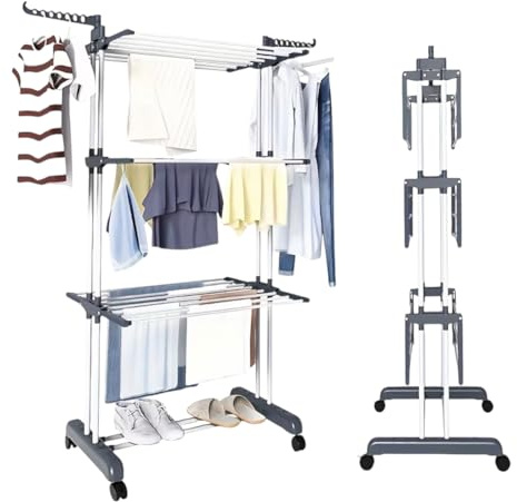 Mi Ko Mi Ka Tendedero Plegable de Acero Inoxidable para Ropa, 4 Niveles con Alas Laterales, 6 Bandejas Retráctiles, 35 kg de Capacidad, 4 Ruedas 360° y Diseño Plegable para Ahorrar Espacio (Gris)