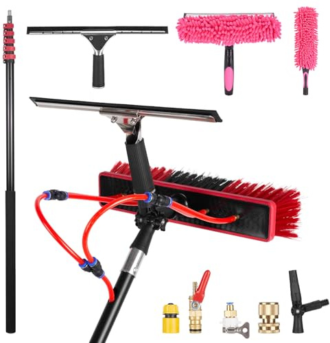 QUSYZD Roof Squeegee Kit with 3.6-10.8m Telescopic Water Fed Pole, Solar Panel Cleaning Brush, 2 Dusting Brushes & Soap Dispenser for Outdoor Window, Roof & Car Cleaning,9.2m-35cm Brush